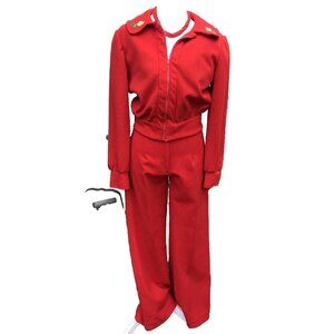 Vtg OOAK 70s Women’s Red Pants Jacket Mod Floral Emb Poly Flare XS 00 24” Rare